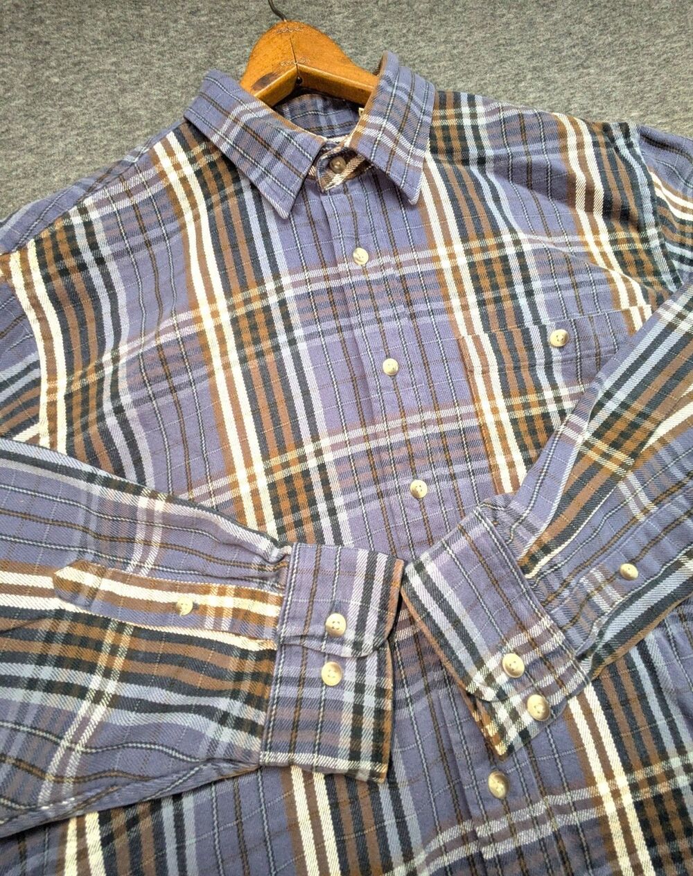 Vintage FieldMaster Plaid Flannel Shirt L Purple Brown Cotton Hong Kong